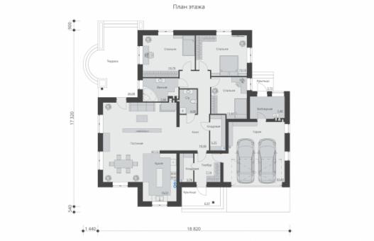 Проект индивидуального одноэтажного жилого дома с террасой и гаражом